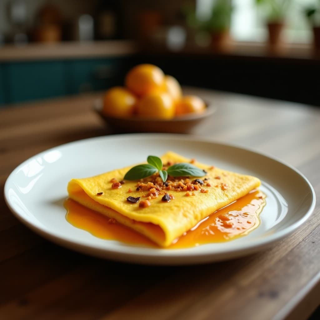 Plato blanco con crepes doradas de harina de coco, rellenas de salsa de tamarindo y mango, decoradas con hojas de cilantro fresco. Desayuno tailandés sin lácteos, vibrante y exótico.