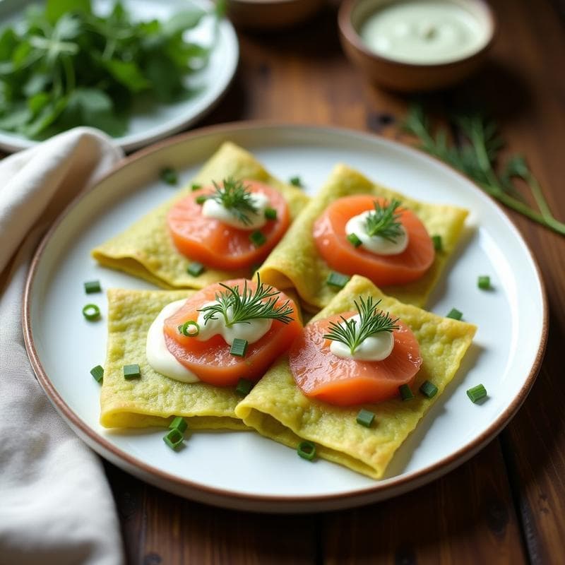 Crêpes dorados y finos de harina de guisante rellenos de crema de wasabi y salmón ahumado, decorados con eneldo fresco y cebollino sobre un plato blanco rústico. Receta sin gluten y alta en proteína.