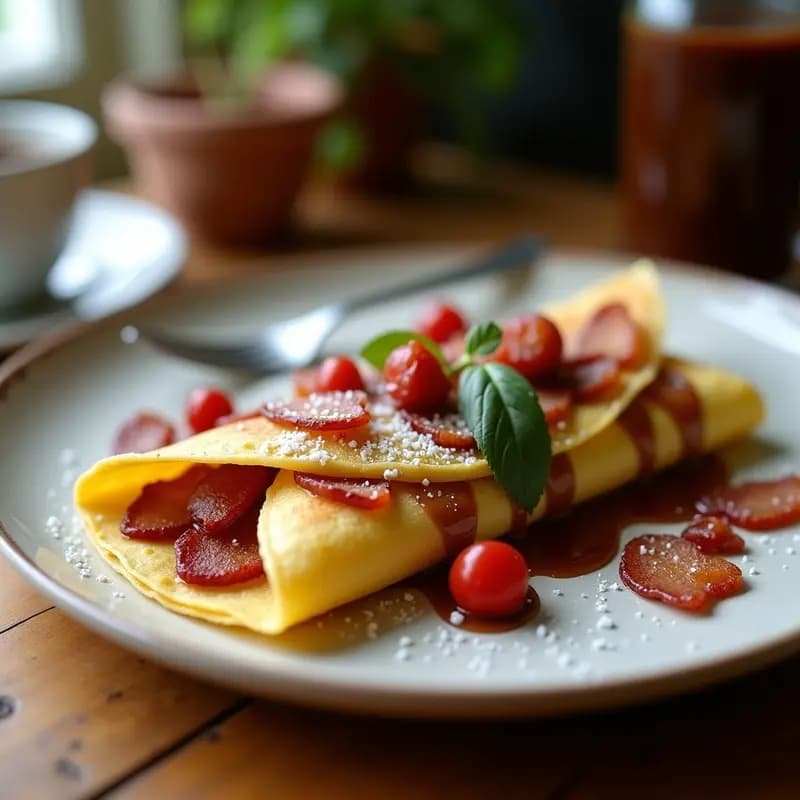 Pila de crepes doradas rellenas de Nutella cremosa, rodajas de plátano maduro y trozos de bacon crujiente, bañadas con sirope de chocolate y nata montada. Plato de desayuno o postre hipercalórico y tentador.
