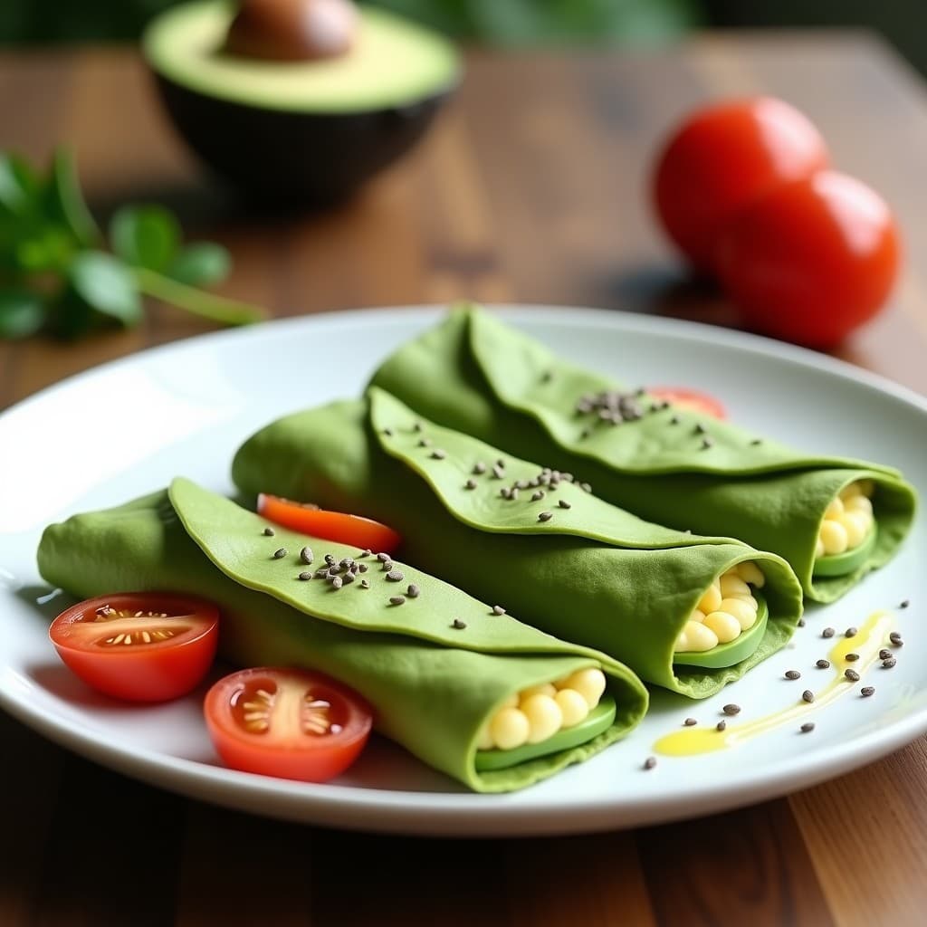 Plato blanco con crepes proteicas de espinacas y huevos, dobladas en triángulo, rellenas de aguacate y tomate cherry, acompañadas de semillas de chía y un chorrito de aceite de oliva. Receta alta en proteína y sin harina.