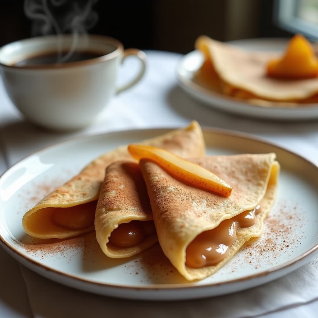 Plato blanco con crepes de sarraceno dorados rellenos de crema de castaña espesa, espolvoreados con canela en polvo y decorados con rodajas de pera caramelizada. Fondo rústico con mantel de lino y taza de café humeante.