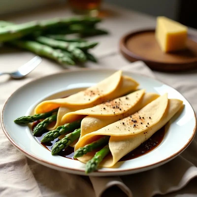 Plato blanco con crepes doradas de trigo sarraceno rellenas de espárragos verdes asados y queso brie derretido, decoradas con almendras tostadas y ralladura de limón. Desayuno francés sin gluten elegante y apetitoso.