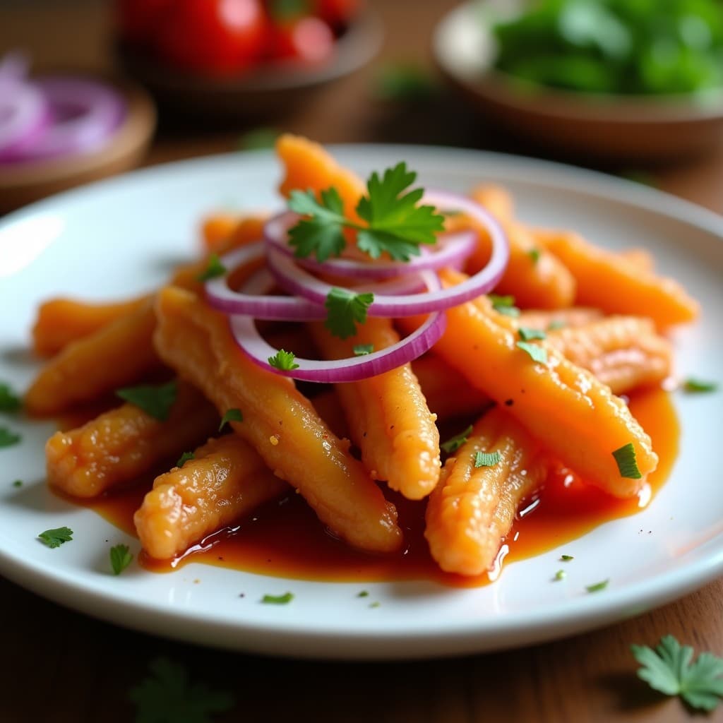 Plato de crispy de piel de cerdo dorado y ultra crujiente, servido en fuente de cerámica blanca con salsa de tamarindo y chile de color ámbar, decorado con cebolla morada en juliana y cilantro fresco. Receta filipina en airfryer.
