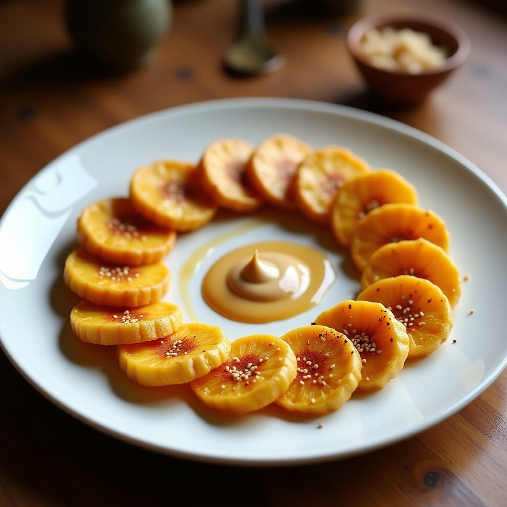 Plato blanco con crocantes dorados de plátano macho dispuestos en círculo, bañados con salsa cremosa de cacahuete y miel de agave, espolvoreados con ajonjolí y pimienta de cayena, sobre fondo rústico de madera.