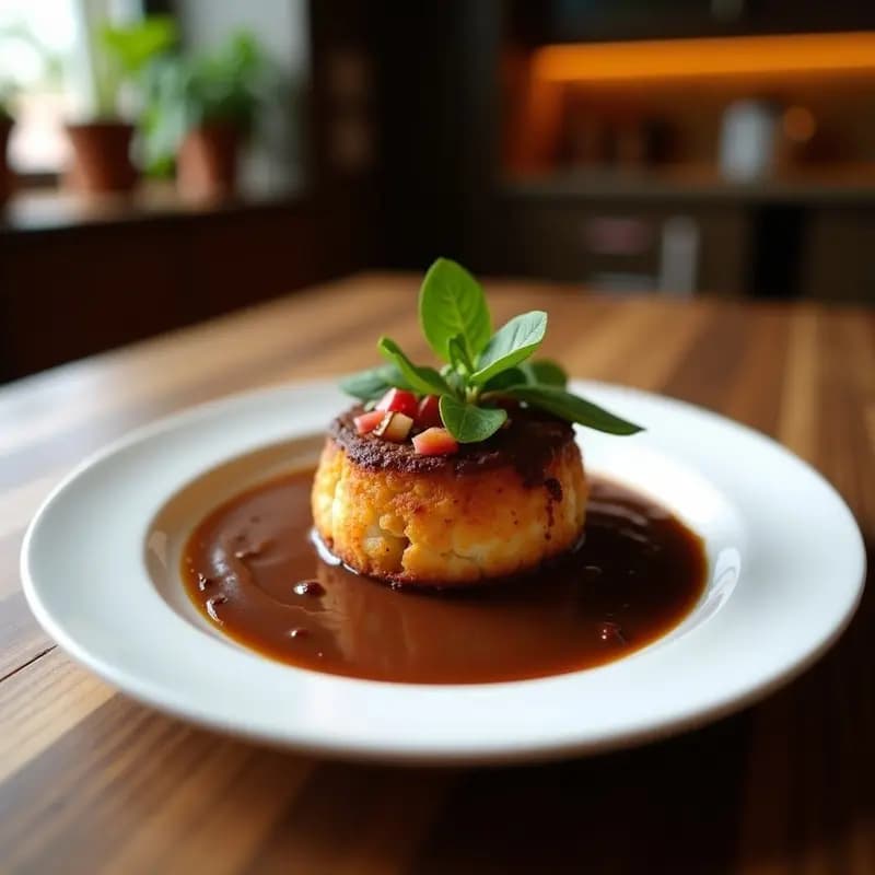 Plato blanco con crocante de plátano macho dorado y crujiente, servido con salsa de chocolate amargo espesa y brillante, espolvoreado con semillas de sésamo. Postre latino sin harina con textura contrastante.