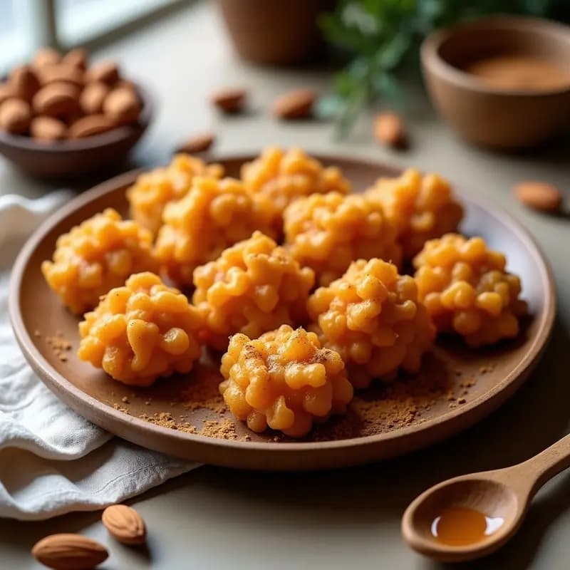 Crocanti de almendras y miel keto en trozos dorados y crujientes, servido en un plato de madera rústica sobre un fondo neutro, con almendras enteras y un toque de canela espolvoreada.