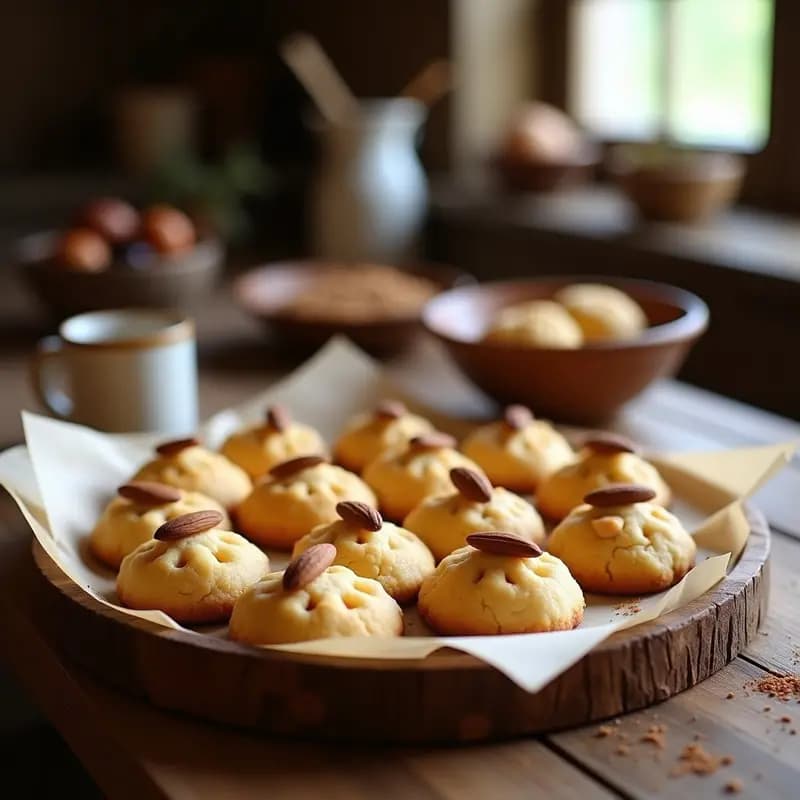 Bandeja de madera rústica con Crocanti di Mandorle sin azúcar, galletas italianas doradas de almendra con textura crujiente y diseño de cruz en la superficie, acompañadas de almendras fileteadas tostadas y una taza de café espresso al fondo.