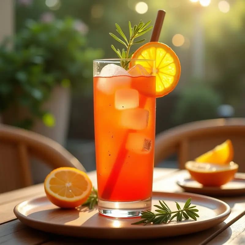 Copa alta transparente con Crodino casero de color ámbar, decorada con rodaja de naranja amarga y ramita de romero sobre hielo picado, con burbujas visibles y fondo de mesa rústica italiana.