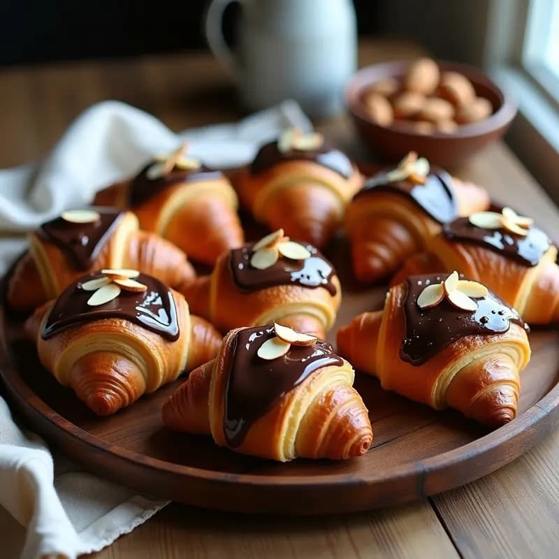 Croissants dorados y esponjosos de almendra y chocolate negro veganos sin gluten, apilados sobre una rejilla de enfriado con almendras fileteadas y trozos de chocolate visible en el interior, fondo rústico con una taza de café.