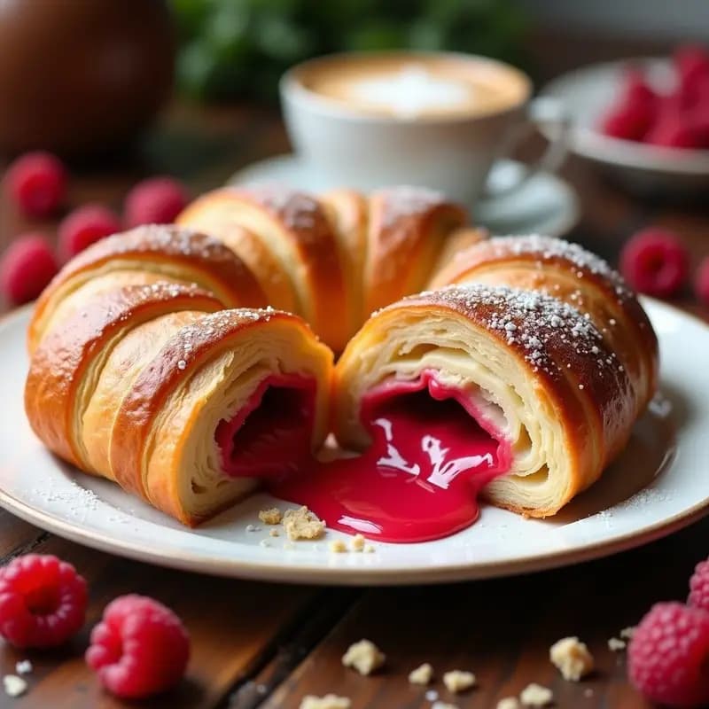 Croissant dorado y esponjoso de harina de almendra cortado por la mitad, relleno de crema de frutos rojos vibrante, sobre un plato blanco con frambuesas frescas y un fondo rústico de madera.