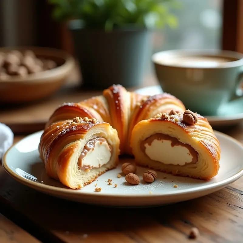 Croissant dorado y esponjoso de harina de almendra keto con capas visibles, relleno de crema de avellanas y decorado con almendras fileteadas tostadas, sobre fondo rústico de madera con mantel blanco.