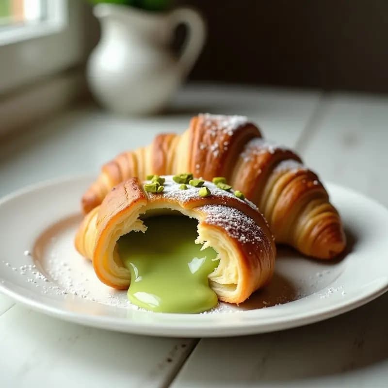 Croissant vegano de hojaldre dorado y capas perfectas, relleno de crema de pistacho verde vibrante, espolvoreado con azúcar glass y pistachos picados. Plato blanco sobre fondo claro con luz natural, estilo fotográfiico viral para redes sociales.