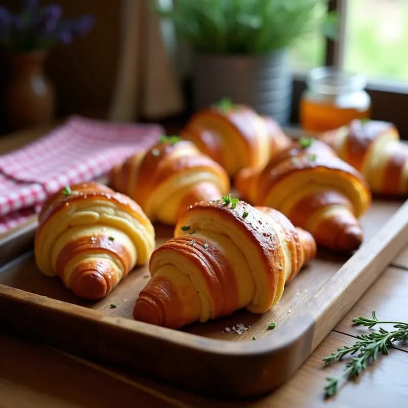 Croissants dorados y esponjosos rellenos de jamón y queso Gruyère fundido, con un brillo dorado por el huevo y mantequilla, servidos en una bandeja de madera con cebollino picado por encima. Receta de desayuno francés rápido.