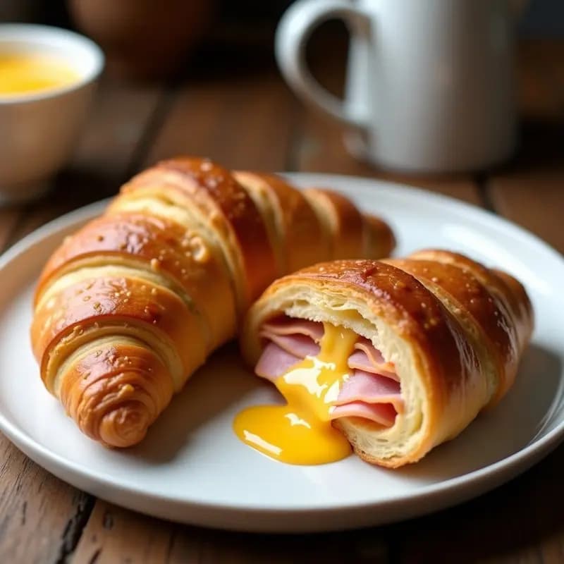 Croissant dorado y crujiente abierto por la mitad, relleno de jamón york, queso cheddar fundido estirándose y salsa de queso cremosa. Plato servido en fuente blanca con fondo borroso de cocina.