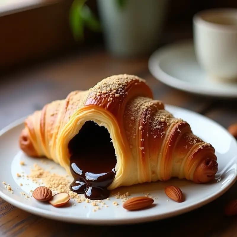 Croissant de media luna dorado y hojaldrado relleno de chocolate fundente y almendras laminadas, servido en un plato blanco con detalles de azúcar moreno, receta de desayuno francés en airfryer.