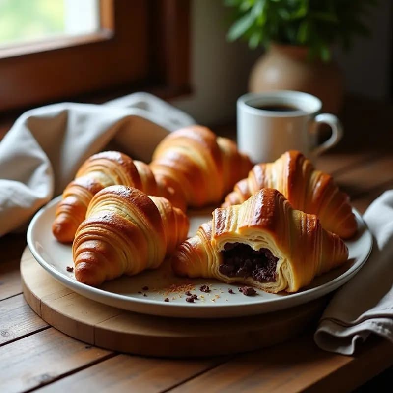 Croissants de chocolate vegano dorados y crujientes sobre una bandeja de horno con papel vegetal, mostrando capas de hojaldre perfectamente laminadas y trozos de chocolate negro asomando. Receta francesa sin mantequilla ni huevos.