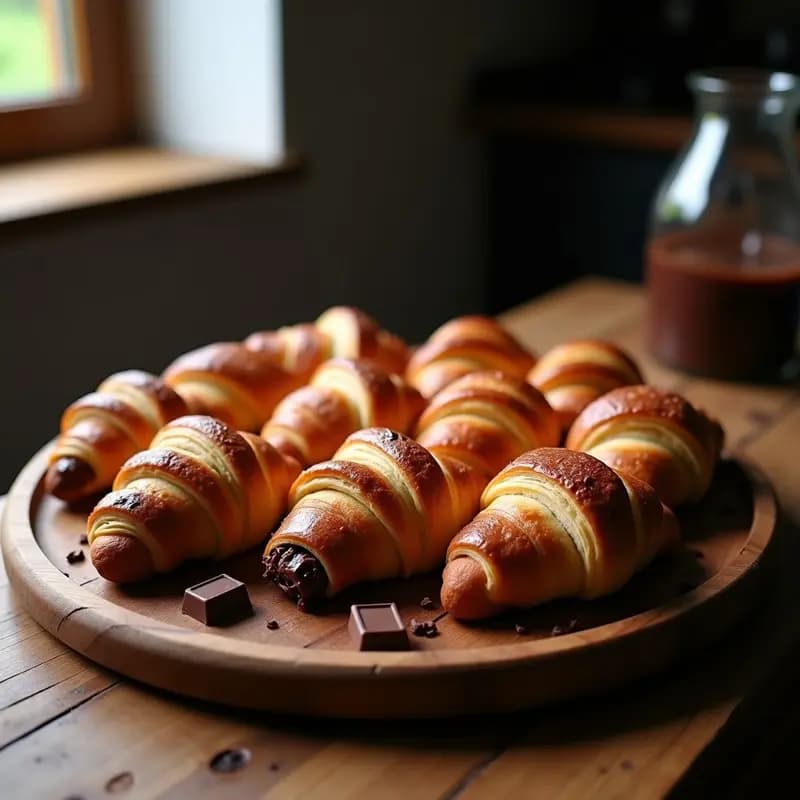 Croissants de chocolate veganos sin lactosa ni huevo, dorados y hojaldrados, con capas visibles y relleno de chocolate negro derretido, servidos en una bandeja de madera rústica con mantel de lino blanco.