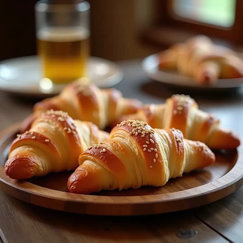 Croissants dorados y esponjosos de masa de coliflor rellenos de jamón serrano, con semillas de sésamo por encima, servidos en una bandeja de madera rústica. Aperitivo francés keto bajo en carbohidratos.