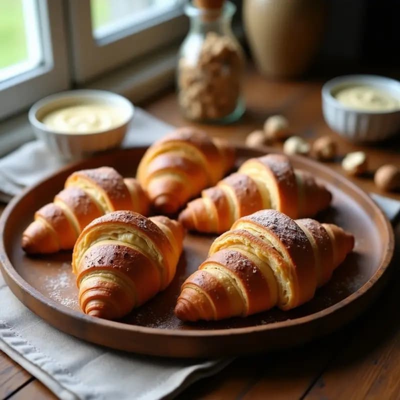 Croissants dorados y esponjosos de hojaldre vegano rellenos de crema de avellanas, dispuestos en una bandeja de madera con avellanas picadas y un mantel de lino. Desayuno francés sin lactosa.