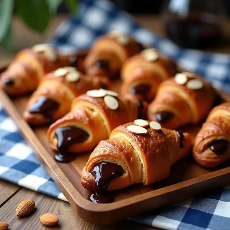 Croissants dorados de masa de hojaldre vegana rellenos de chocolate amargo derretido, servidos en una bandeja de madera con hojas de menta y virutas de chocolate espolvoreadas, desayuno francés sin lactosa.