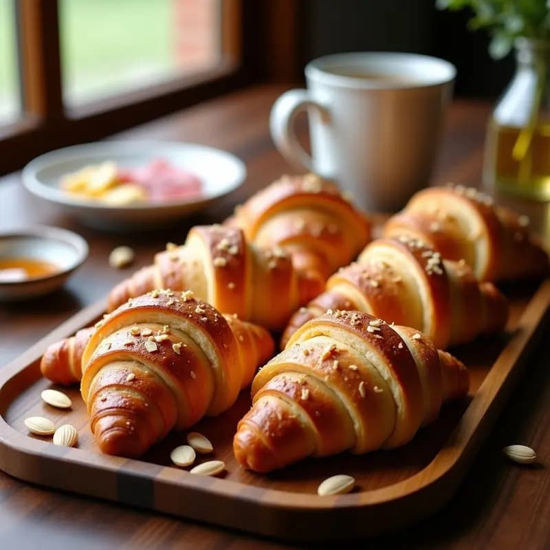 Croissants dorados y esponjosos de masa madre abiertos por la mitad, rellenos de láminas de jamón serrano y queso gruyère rallado, espolvoreados con almendras fileteadas y un hilo de miel, servidos en una bandeja de madera rústica con fondo desenfocado.