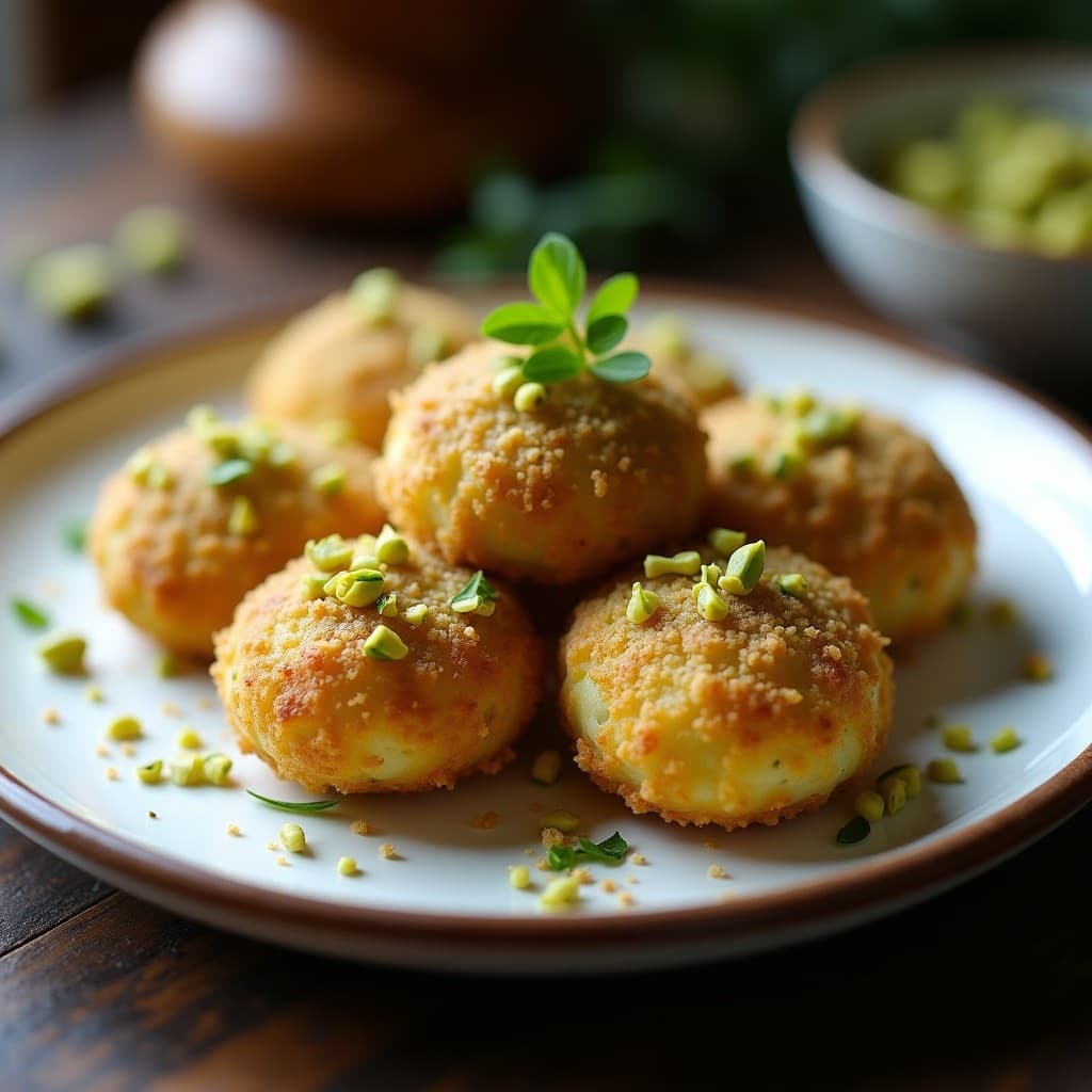 Croquetas doradas de alcachofa y anchoas con costra crujiente de pistacho, servidas en plato blanco rústico sobre fondo de madera oscura. Receta sin lactosa y keto en Thermomix.