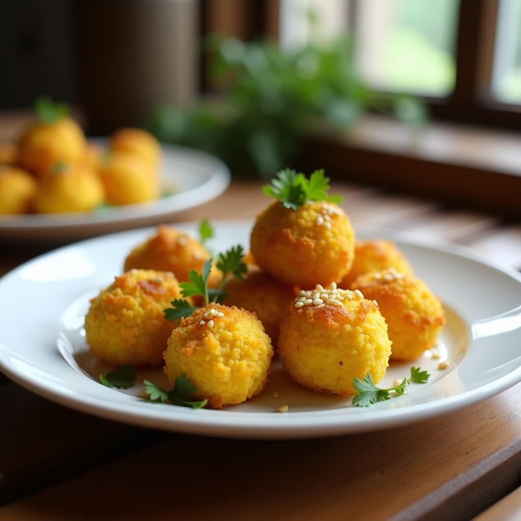 Croquetas doradas y crujientes de alcachofa y queso de cúrcuma vegano, servidas en un plato blanco con perejil fresco y semillas de sésamo, fondo rústico de madera.