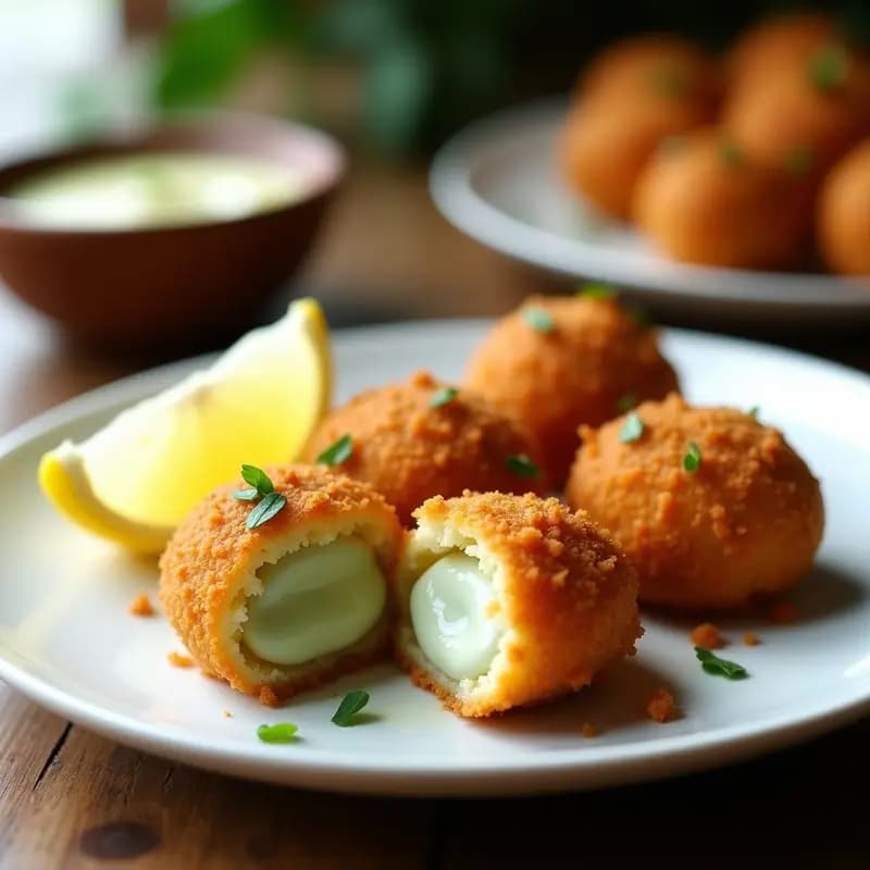 Plato blanco con croquetas de algas marinara doradas y crujientes, rellenas de bechamel de anacardos, servidas sobre papel de horno con rodajas de limón y hierbas frescas al lado. Aperitivo vegano y crudivegano español.