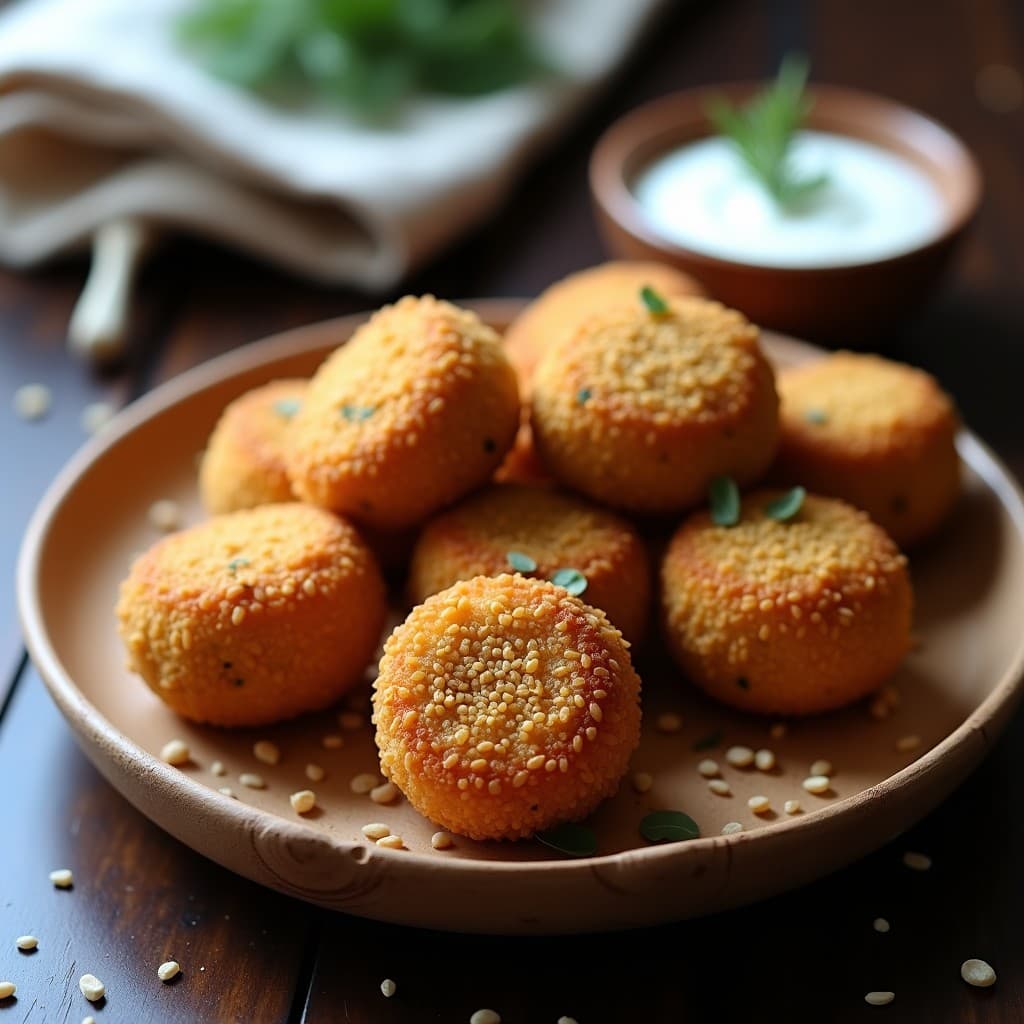 Croquetas doradas y crujientes de algas dulse y patata morada con costra de semillas de amapola, servidas en un plato de madera rústico con una salsa cremosa al lado. Receta irlandesa vegana saludable.