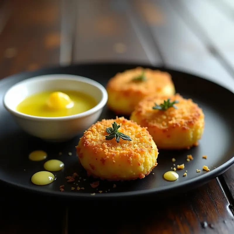 Croquetas doradas y crujientes de algas nori y queso vegano sobre un plato negro, acompañadas de salsa de limón yuzu brillante y decoradas con copos de algas y ralladura de limón. Receta japonesa innovadora en Thermomix, aperitivo vegano y sin gluten.