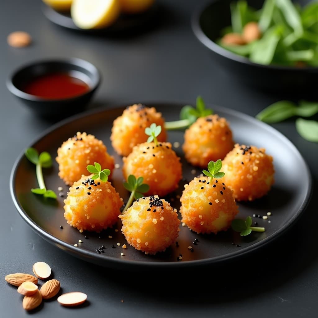 Croquetas doradas y crujientes de algas wakame y queso de almendras servidas en plato de cerámica negra, con semillas de sésamo negro y salsa tamari al lado. Receta vegana japonesa en Thermomix.