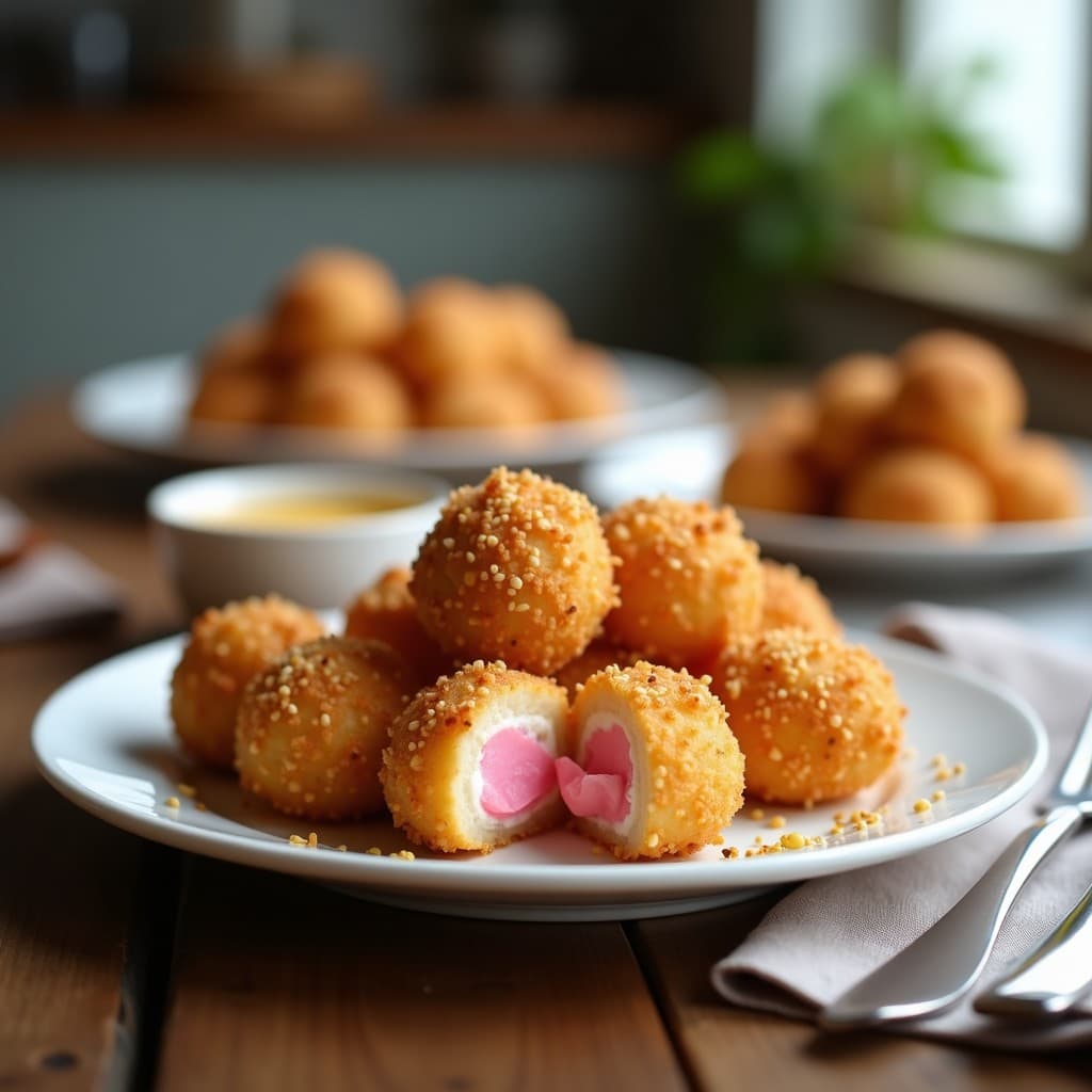 Croquetas doradas y crujientes de algodón de azúcar y queso de cabra servidas en plato blanco, con hilos de miel y nueces picadas, aperitivo dulce-salado innovador.