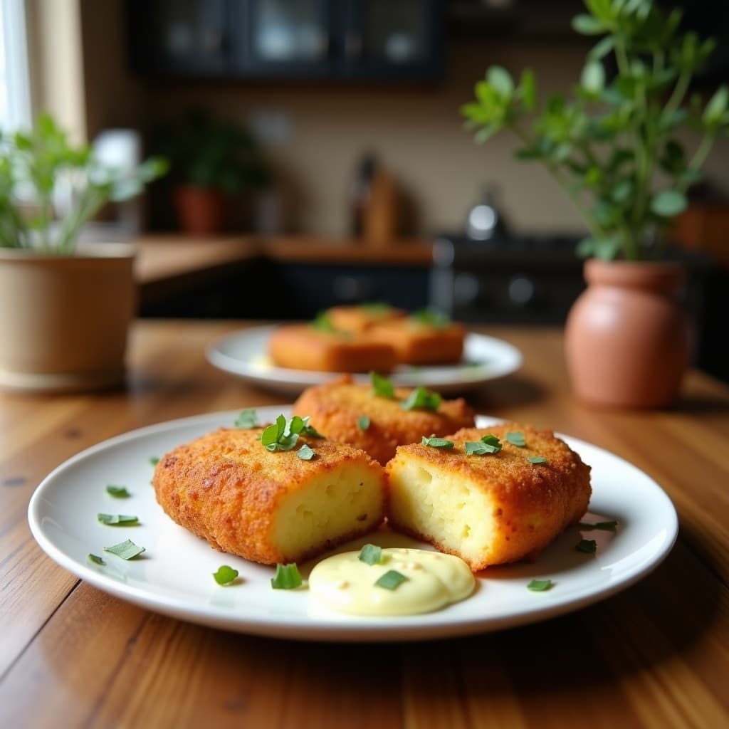 Croquetas doradas y crujientes de algas aquífero y patata servidas en un plato de cerámica blanca, acompañadas de un bol pequeño con salsa de alioli vegano cremoso. Las croquetas tienen un color dorado uniforme y textura rugosa por el pan rallado, con un interior esponjoso. Algas verdes visibles en trozos finos dentro de la masa. Fondos borrosos de cocina rústica.