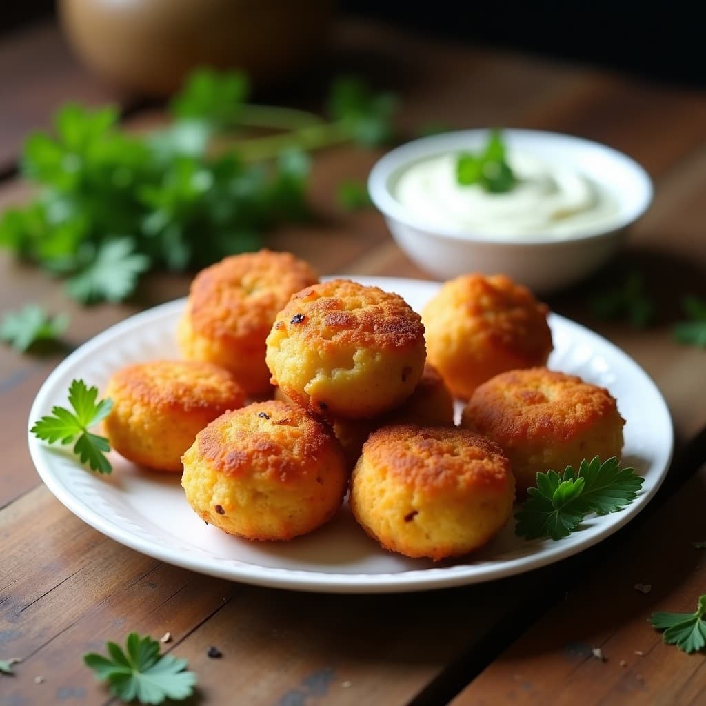 Croquetas doradas y crujientes de berenjena asada y queso de anacardo en airfryer, servidas en plato blanco con salsa de yogur y menta, aperitivo vegano gourmet.