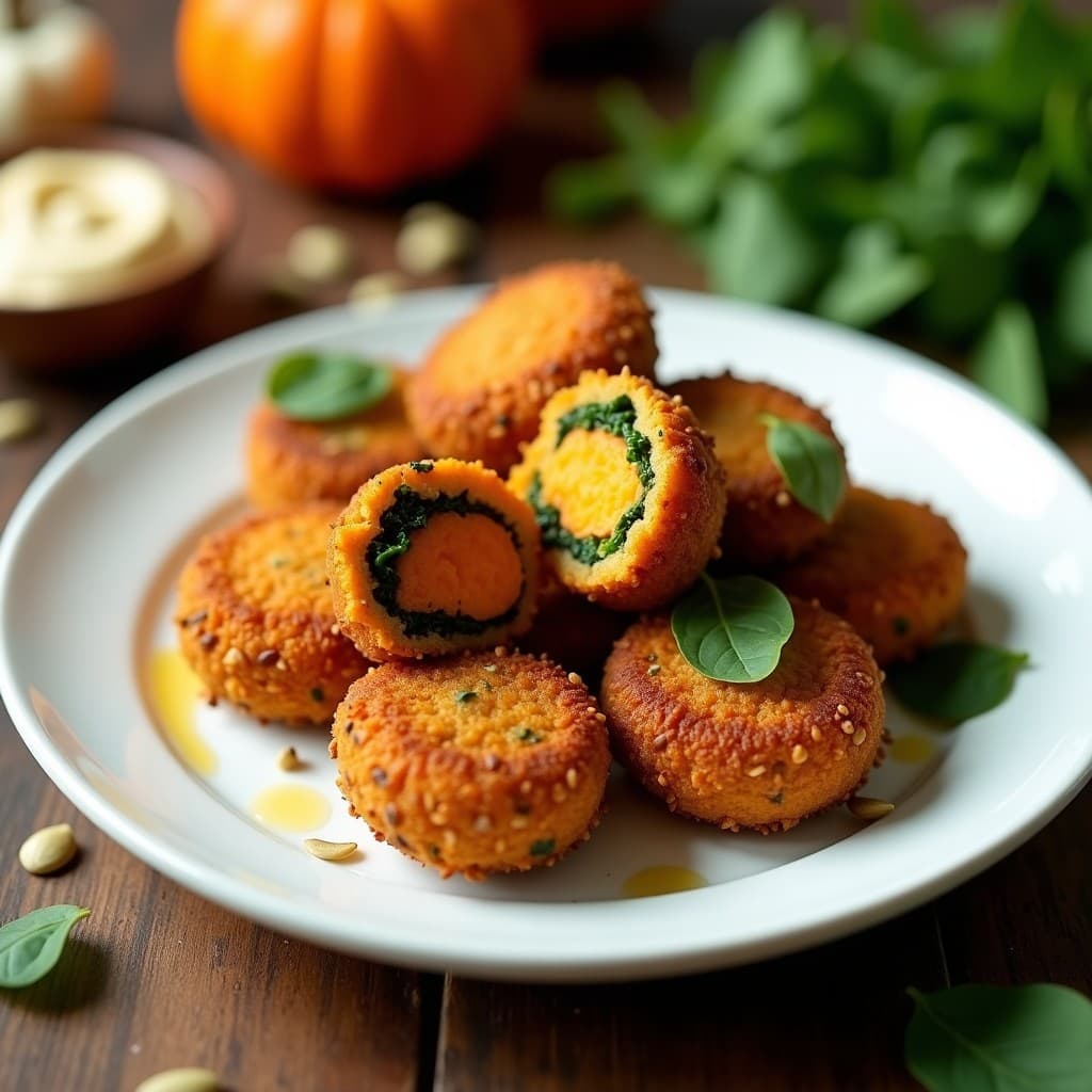 Croquetas doradas de boniato y espinacas con rebozado de pipas de calabaza, servidas en un plato blanco sobre fondo rústico de madera. Receta sin gluten en airfryer, crujientes por fuera y cremosas por dentro.