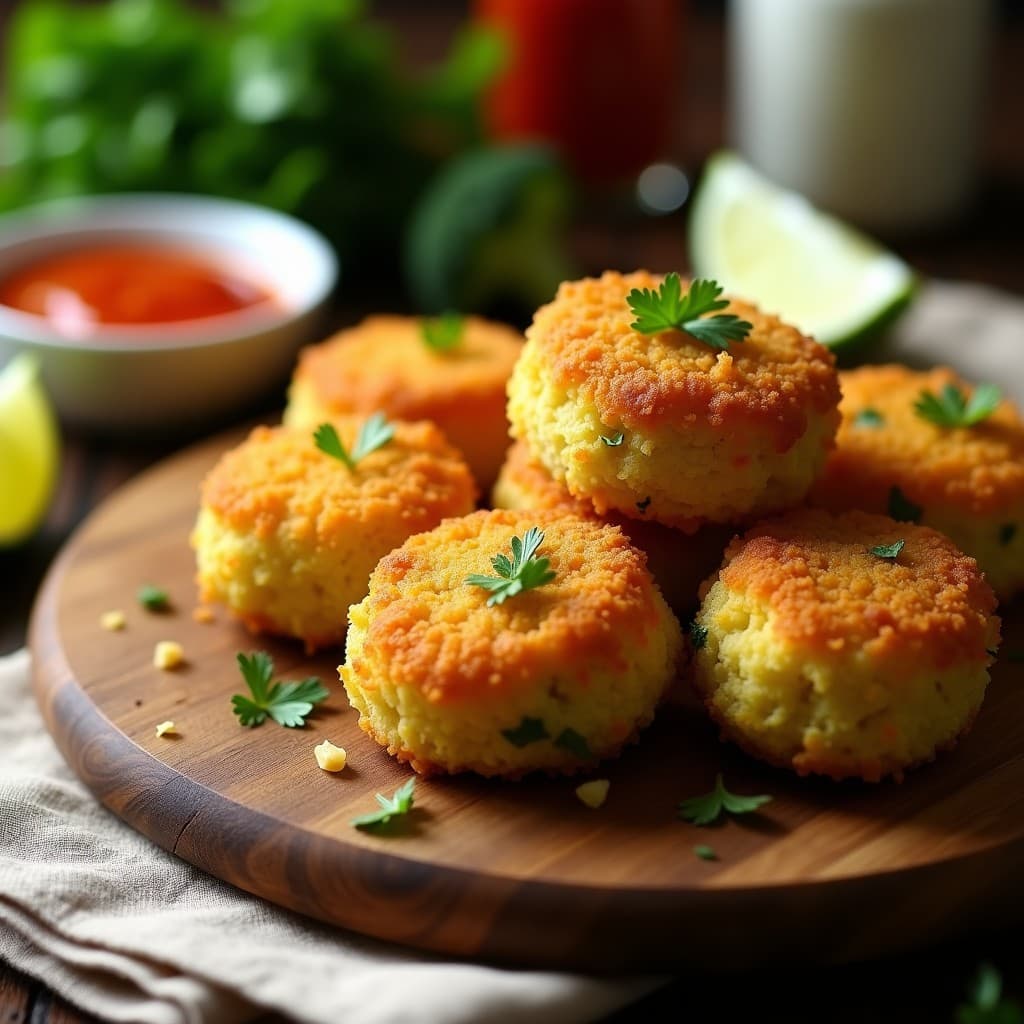 Croquetas veganas de brócoli y queso de anacardo doradas y crujientes en una bandeja de madera, servidas con salsa sriracha en un bol pequeño. Fondo rústico con hierbas frescas y rodajas de limón.