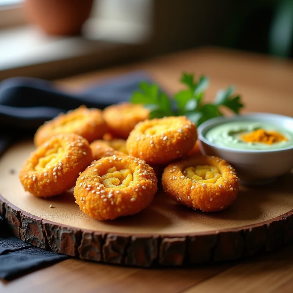 Croquetas doradas y crujientes de corazón de calabaza y queso de anacardos con toque de curry, servidas en bandeja de madera con semillas de sésamo visibles y acompañadas de dip verde.