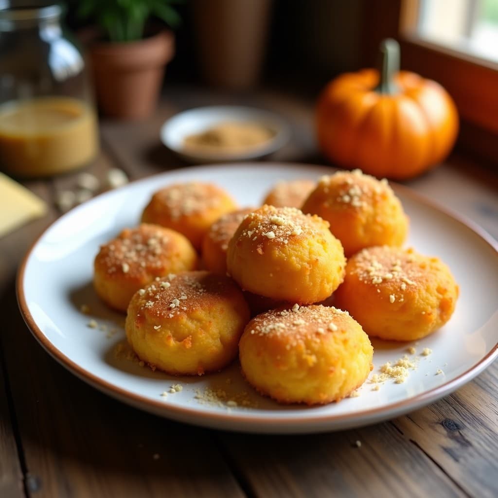 Croquetas doradas y crujientes de calabaza y queso manchego servidas en plato blanco con nuez moscada rallada por encima, receta en airfryer.