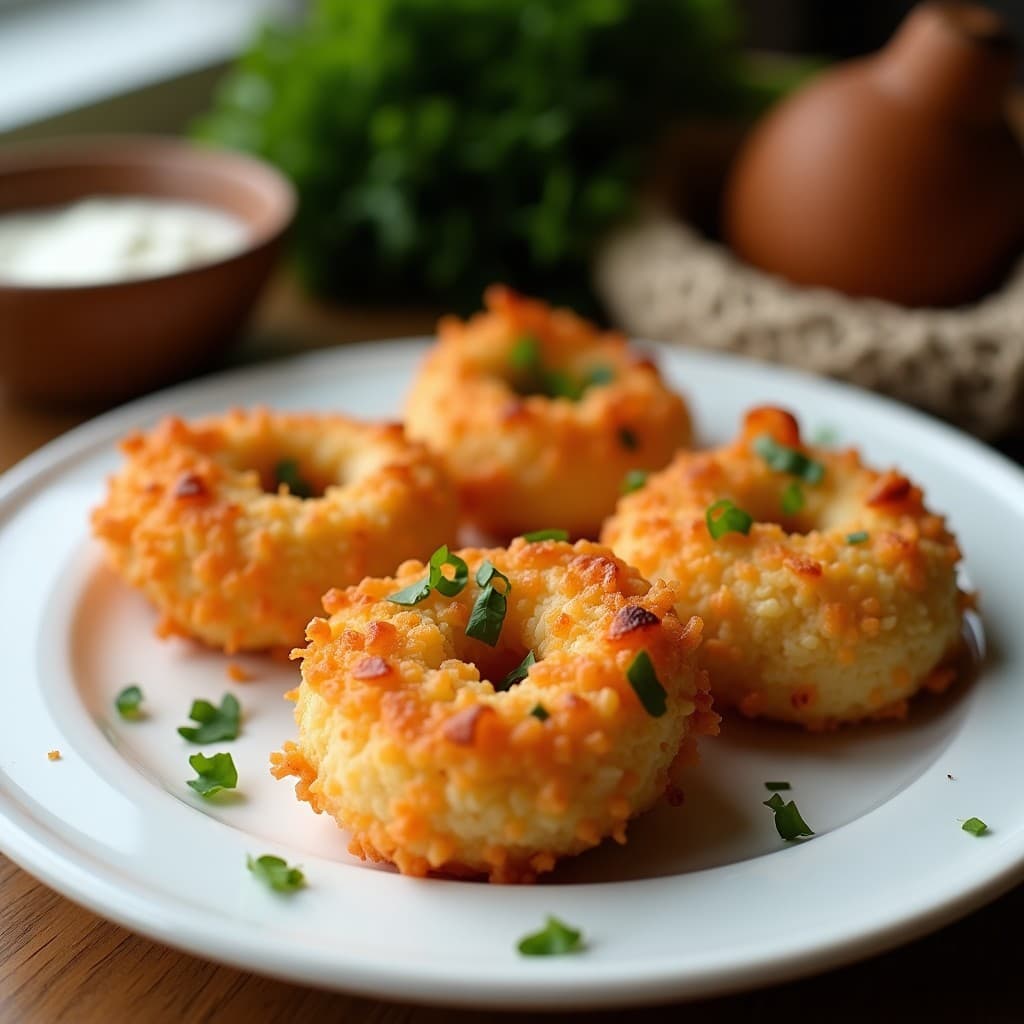 Croquetas de camarón y coco rallado tailandesas doradas y crujientes, servidas en un plato de cerámica negra con salsa de chile y cilantro fresco. Receta en airfryer con textura esponjosa por dentro y capas de coco tostado por fuera.