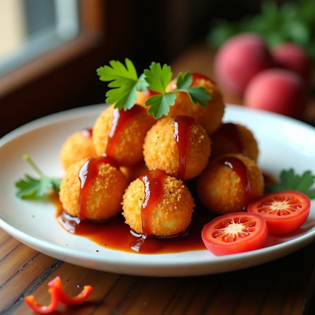 Croquetas doradas y crujientes de camarón y litchi servidas en plato blanco con salsa de tamarindo brillante, decoradas con cilantro fresco y rodajas de litchi, aperitivo fusión tailandés.
