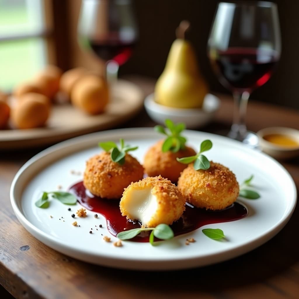 Croquetas doradas y crujientes de Camembert y peras al vino en Airfryer, servidas en plato blanco con reducción de vino tinto y hojas de rúcula, aperitivo francés gourmet.
