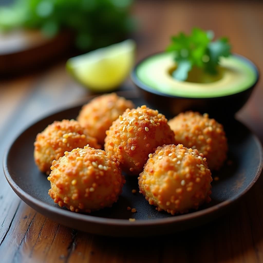 Croquetas de champiñones y nueces crudiveganas, doradas y crujientes por fuera, servidas en un plato de madera oscuro con semillas de sésamo visibles. Acompañadas de un dip cremoso de aguacate y hierbas frescas al fondo.