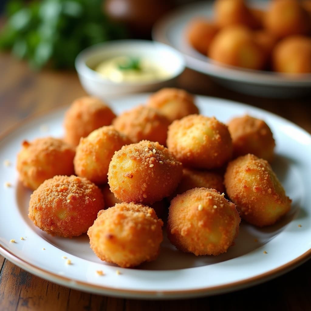 Croquetas doradas y crujientes de chorizo y queso manchego con pan de almendra, servidas en un plato de madera rústico con salsa de yogur y miel al lado. Receta Thermomix sin harina.