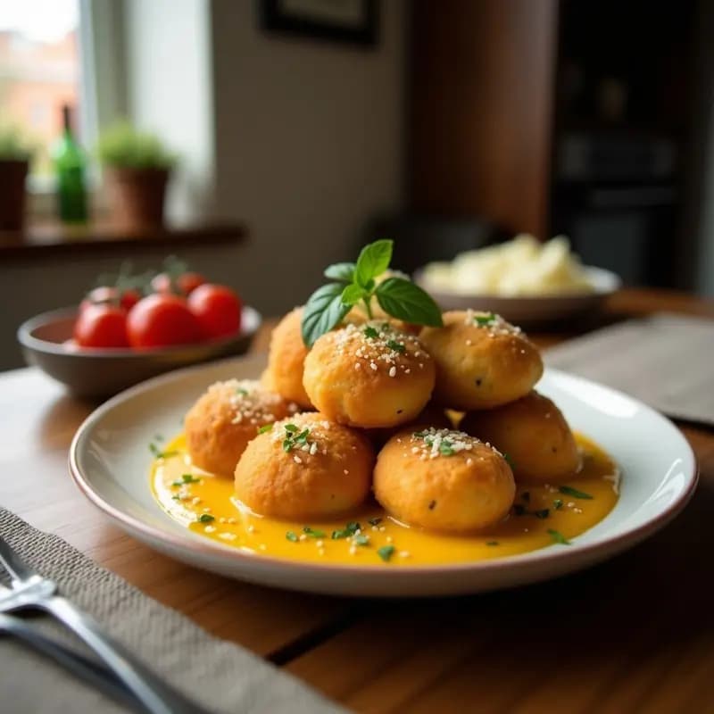Croquetas doradas y crujientes de puré de col rizada y queso de castañas servidas en un plato blanco rústico, con fondo de hoja de kale fresca y virutas de castaña. Receta vegana sin horno en airfryer.