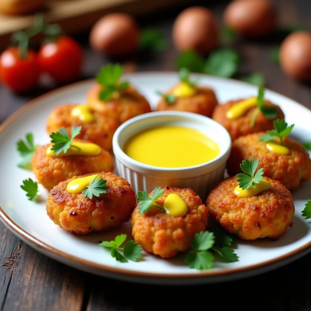 Croquetas doradas y crujientes de coliflor y alcachofa servidas en plato blanco rústico, con salsa de azafrán amarilla brillante y perejil fresco. Receta española sin lácteos en airfryer.