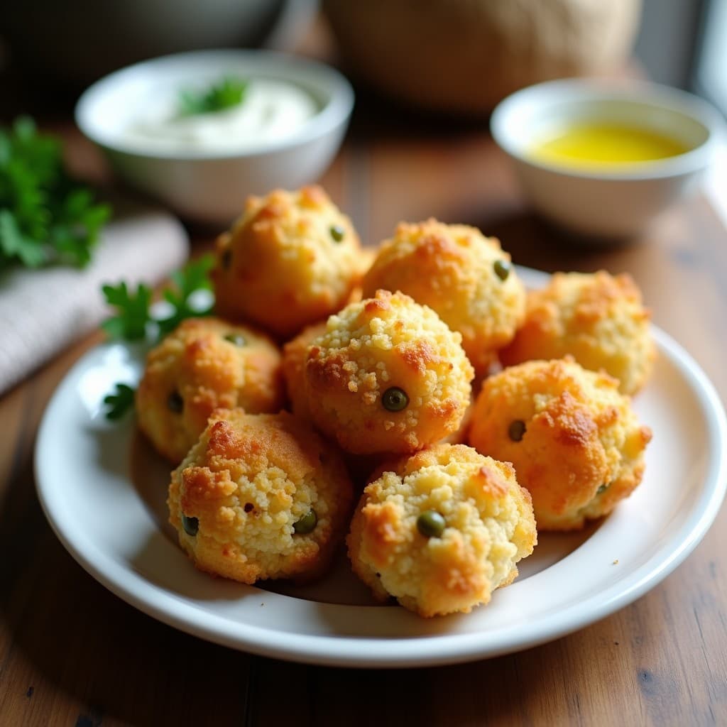 Croquetas doradas y crujientes de coliflor y alcaparras con pan rallado de almendra, servidas en un plato blanco sobre fondo rústico, receta en airfryer sin lactosa.