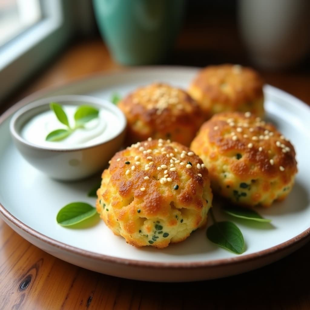 Croquetas doradas y crujientes de puré de coliflor y espirulina con costra de semillas de amaranto, servidas en un plato blanco con salsa de yogur vegano al lado.