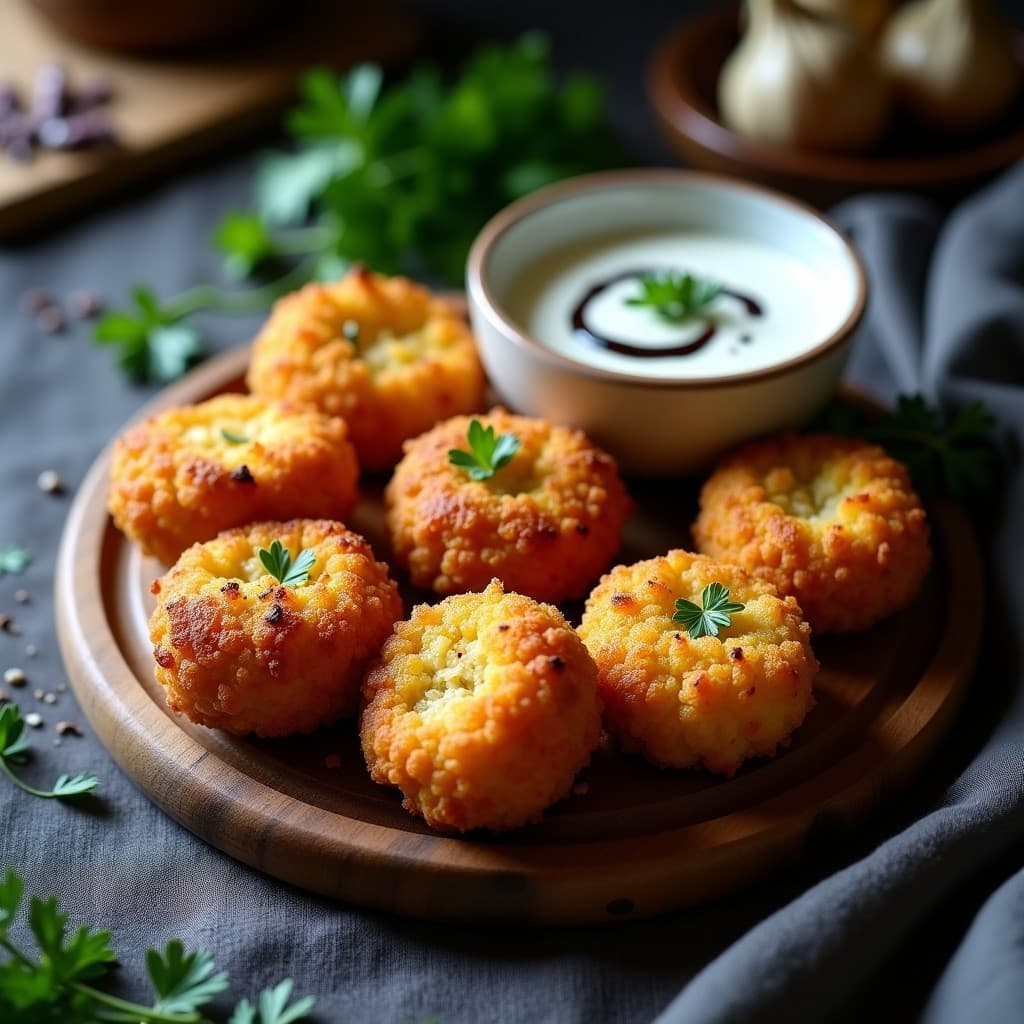 Croquetas de coliflor al horno doradas y crujientes con un toque de ajo negro, servidas en una bandeja rústica de madera con perejil fresco y salsa de yogur al lado.