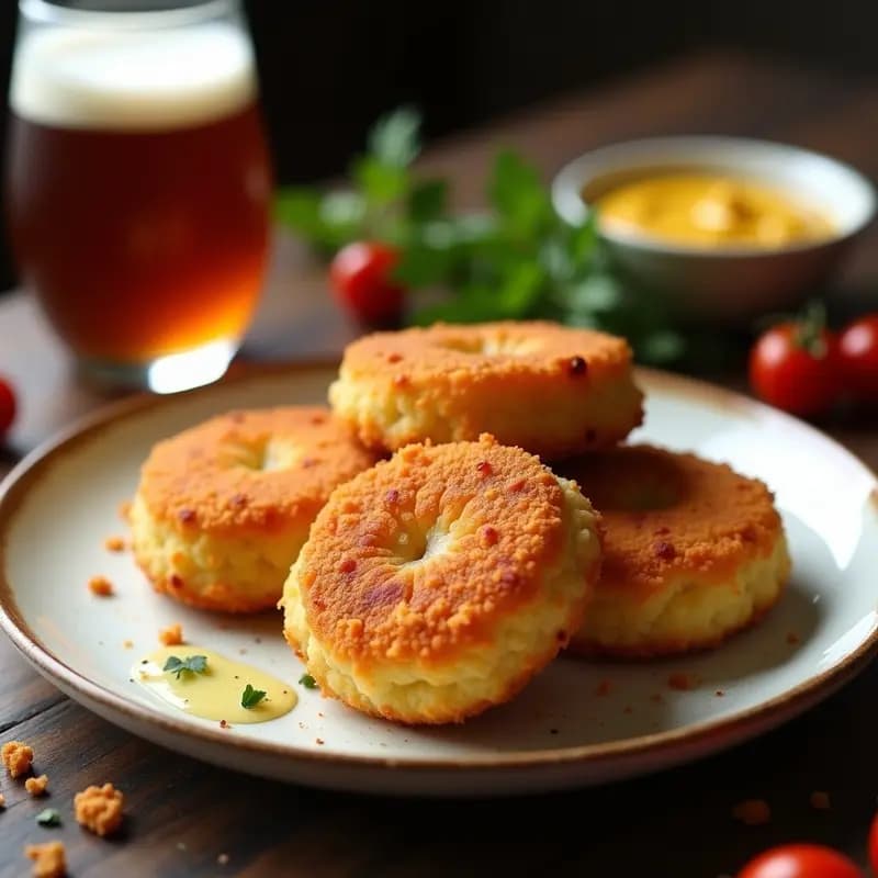 Croquetas doradas y crujientes de coliflor y cerveza kriek servidas en un plato blanco rústico, con fondo de madera oscura y un vaso de cerveza belga al lado. Receta de aperitivo belga en airfryer.
