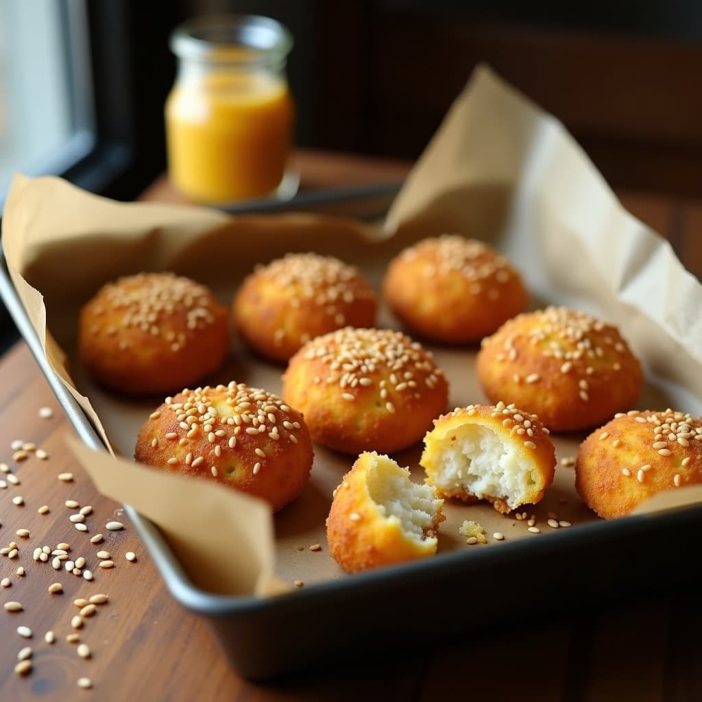Bandeja de horno con croquetas doradas de coliflor y queso de almendras, cubiertas de semillas de sésamo tostado, sobre papel de horno. Receta vegana al horno crujiente y saludable.